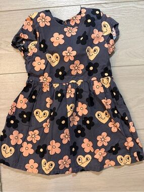 Mini Rodini Navy Dress with Peach Flowers & Cream Heart Faces